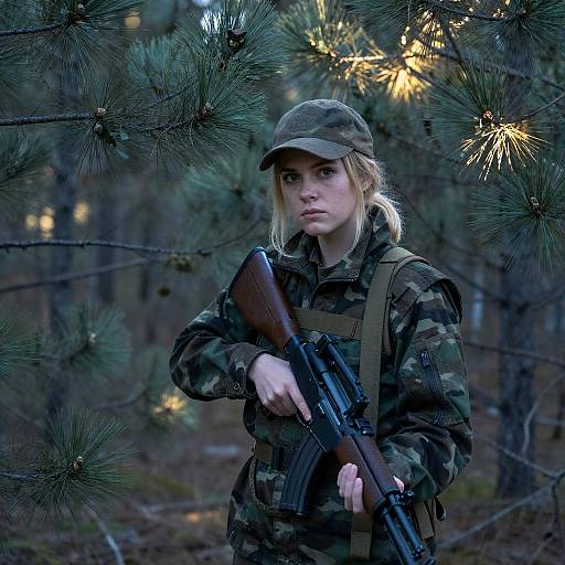 Camouflaged Woman in Blue Forest