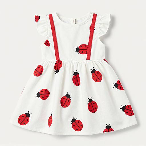 White dress with red ladybug print and red suspenders, featuring black antennae. Bright, playful design on a simple white background.