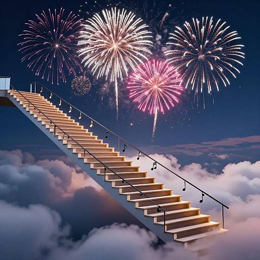 Photograph of a floating staircase with musical notes, ascending into the sky, surrounded by vibrant pink and purple fireworks, set against a dark blue night sky