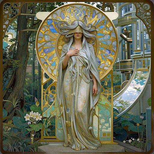 Art Nouveau-style digital painting of a serene, silver-gowned woman with flowing hair, golden halo, and hand over chest, standing amidst lush green