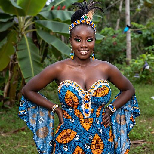Photograph of a smiling, dark-skinned African woman in a vibrant blue and orange patterned dress with beaded accents, standing in a lush,