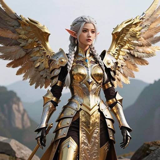 Female Warrior with Golden Wings in Fantasy Armor