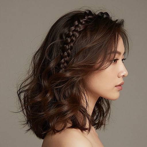 Side profile photograph of an Asian woman with wavy, shoulder-length dark brown hair featuring a small braid crown. Neutral gray background.