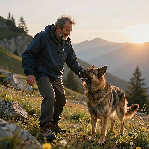 Man with Dog in Alpine Meadow at Sunrise