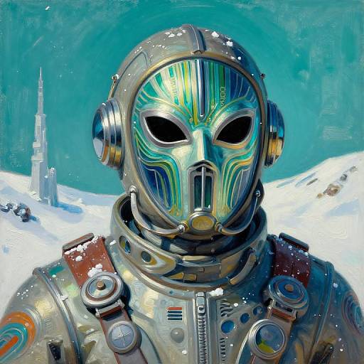 Digital painting of Mandalorian-style alien in metallic armor with blue-green patterned helmet, set against snowy, turquoise background with distant tower.