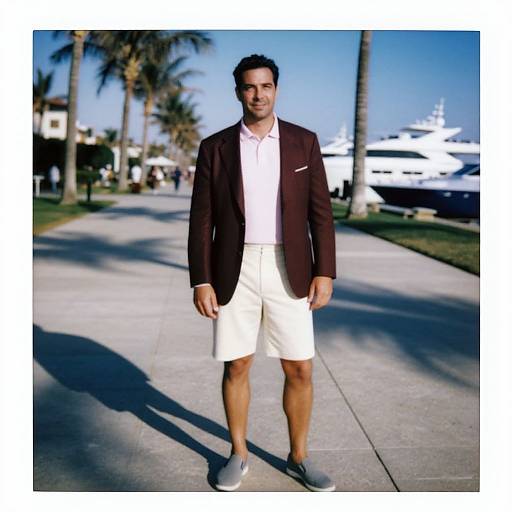 Photograph of a handsome man with short dark hair, wearing a dark blazer, white shirt, and white shorts, standing on a sunny, palm