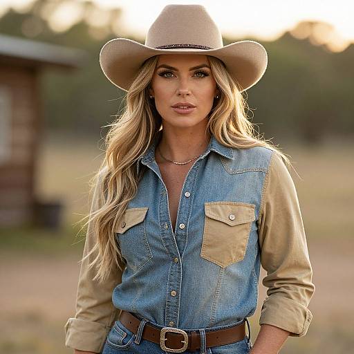 Photograph of a blonde woman in a beige cowboy hat, blue denim vest, and tan shirt, standing outdoors at sunset.