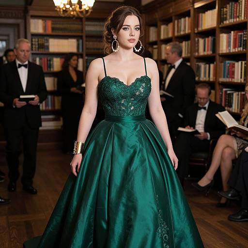 Photograph of a fair-skinned woman with dark brown hair in an emerald green, lace-trimmed, full-skirted gown, standing