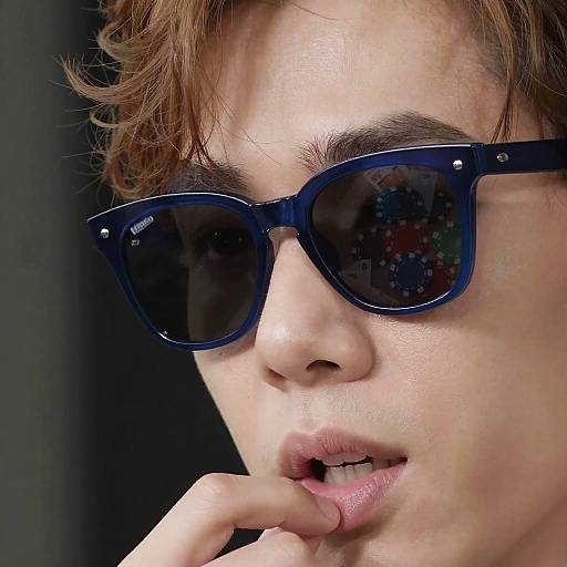 Close-up photograph of a young man with light skin, brown wavy hair, and blue tortoiseshell sunglasses, biting his finger with slightly parted