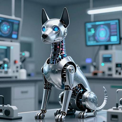 Photorealistic CGI of a shiny, blue-eyed, robotic dog with metallic joints, sitting on a lab table in a futuristic, high-tech lab.