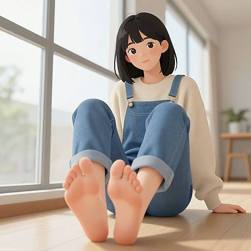 Digital anime-style illustration of a black-haired girl with fair skin, wearing blue overalls and a white sweater, sitting barefoot on a sunlit wooden
