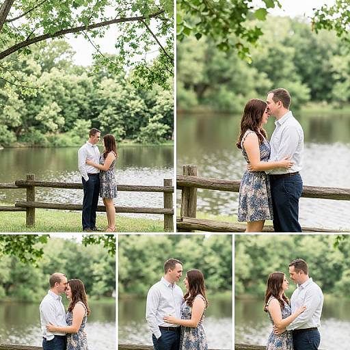 Photograph collage of a couple kissing by a wooden fence near a lake, surrounded by lush green trees, wearing casual summer clothes.