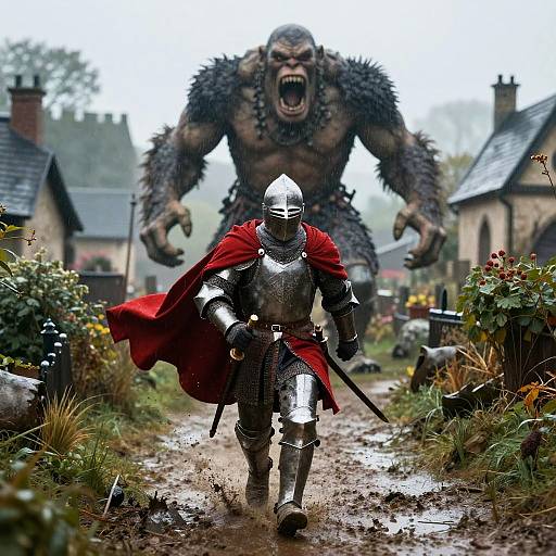 Brave Knight Fleeing Ogre in Rain