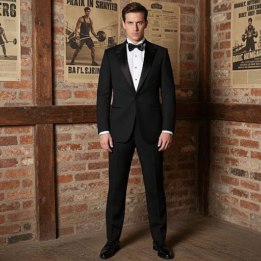 Photograph of a handsome man in a black tuxedo, white shirt, black bow tie, standing in a brick-walled room with vintage rock