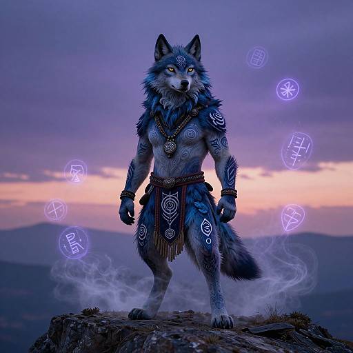 Digital artwork of a blue-furred, glowing-eyed wolf warrior standing on a rocky peak at sunset, surrounded by floating magical runes.