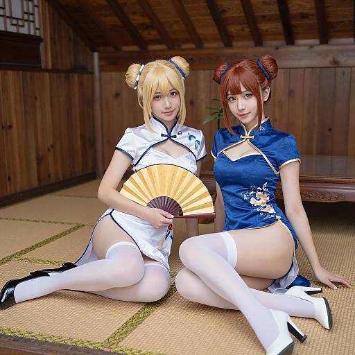 Two Women in Traditional Chinese Cheongsam Dresses