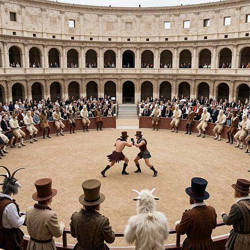 Photograph of a traditional Roman gladiatorial combat in an ancient amphitheater, with spectators and gladiators in period attire, top hats,