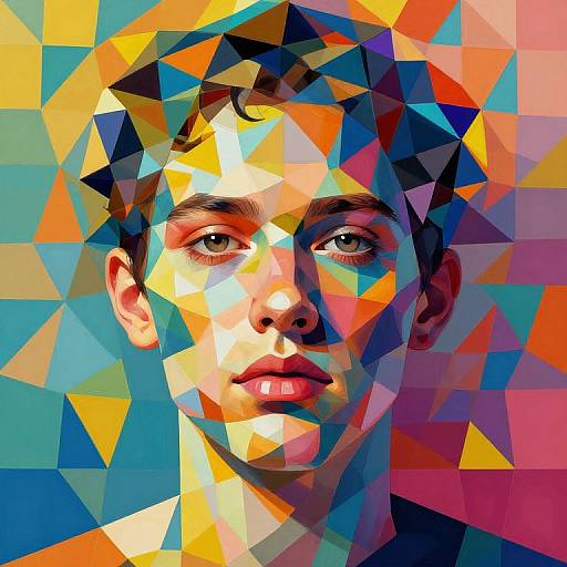 Abstract digital portrait of a young man with geometric, vibrant triangles in colors like yellow, blue, red, and orange, highlighting his facial features against a