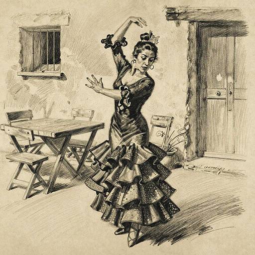 Ink drawing of a flamenco dancer in a ruffled black dress, arms raised, in a rustic room with wooden furniture.