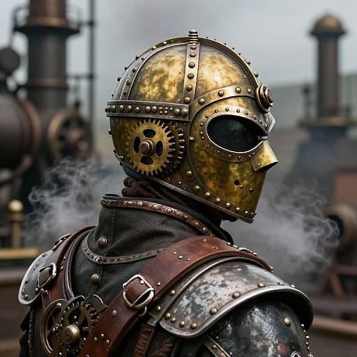 Photograph-style digital art of a steampunk soldier with a brass, gear-adorned helmet, breathing steam, wearing metallic, leather-strap