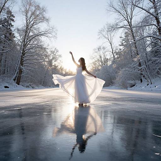 Photograph of a bride in a flowing white wedding dress, standing on a frozen lake, sun setting behind her, surrounded by snow-covered trees.