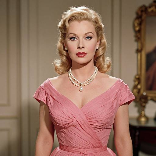 Photograph of a blonde, fair-skinned woman with vintage-style curled hair, wearing a pink, off-shoulder dress and pearl necklace, standing