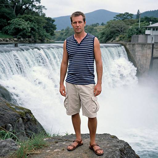 Photograph of a Caucasian man with short brown hair, wearing a navy and white striped tank top, beige cargo shorts, and brown sandals, standing on