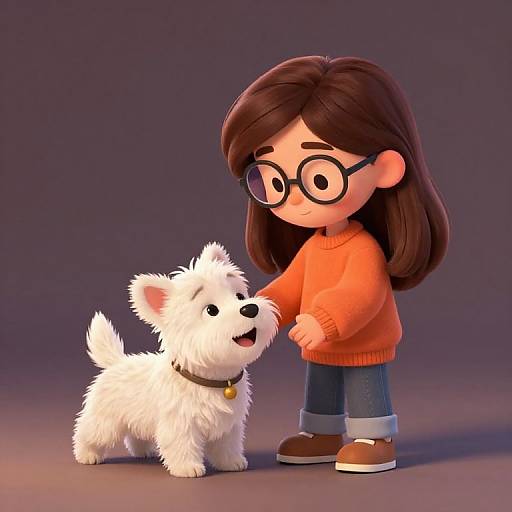 CGI illustration of a cute, bespectacled girl in an orange sweater and brown shoes, petting a fluffy white dog with a black collar