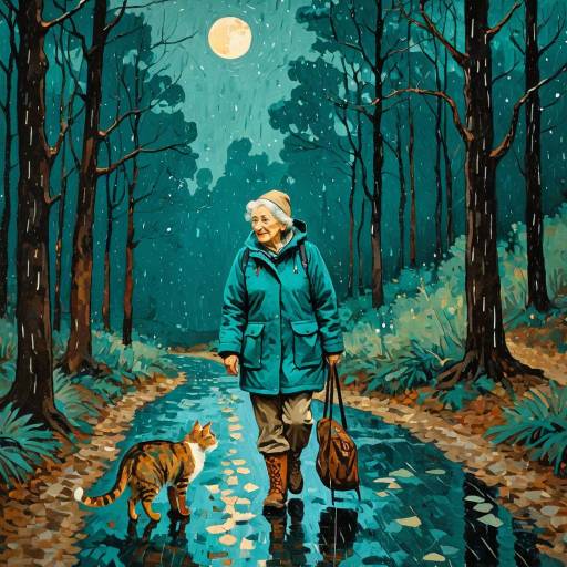 Elderly Woman Walking with Cat in Moonlit Forest