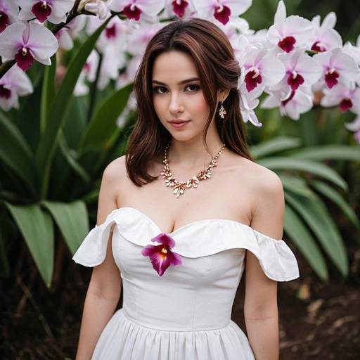 Woman in White Off-Shoulder Dress with Orchid
