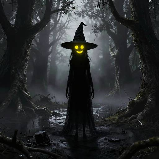 Digital artwork of a glowing-eyed, silhouetted witch in a pointed hat standing in a dark, misty forest by a reflective stream.