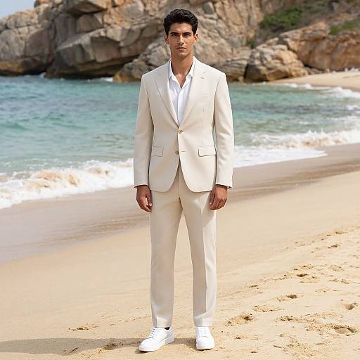 Photograph of a handsome man with short dark hair, wearing a white suit, white shirt, and white shoes, standing on a sandy beach with rocky