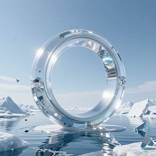 Photorealistic CGI of a large, transparent, circular crystal ring floating on icy water, reflecting light, with snowy mountains in the background.