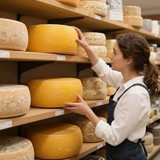 Photograph: Young woman with brown hair in white shirt and black apron examining large, colorful cheeses on wooden shelves in a cheese shop.