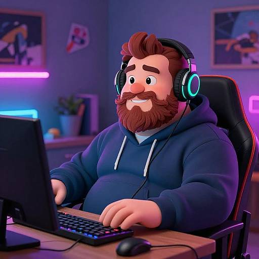 Digital cartoon of a bearded man with brown hair, wearing headphones and a blue hoodie, sitting at a desk with a laptop, in a brightly lit
