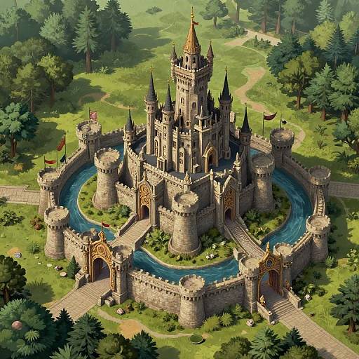 Digital illustration of a grand, medieval stone castle with multiple towers, moat, and flags, surrounded by lush green forest and pathways.