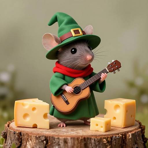 Photograph of a cute gray mouse dressed as a wizard with a green hat, red scarf, and green cloak, playing a tiny guitar, standing on