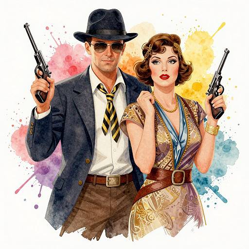 Digital illustration of a suave man in a suit and fedora, sunglasses, and a striped tie, standing beside a glamorous woman in a gold-pattern