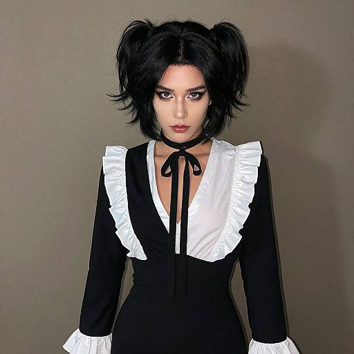 Photograph of a gothic-style woman with black puffy hair, wearing a black and white maid dress with ruffled sleeves and a bow tie,