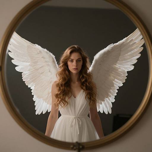 Woman Angel by Circular Mirror