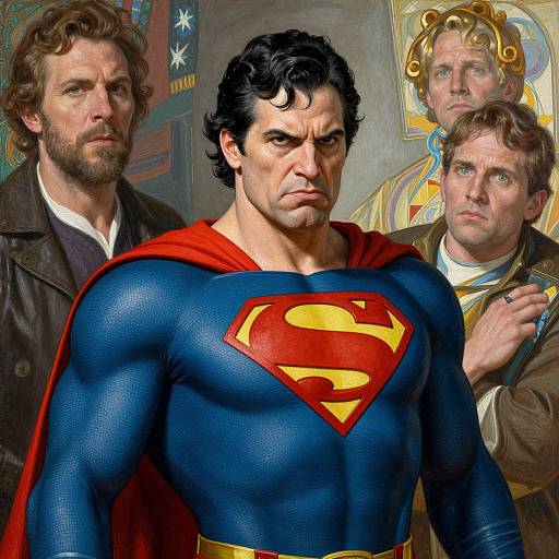 Digital artwork of a muscular Superman in blue suit with red cape and yellow 'S' symbol, flanked by bearded men in 19th-century