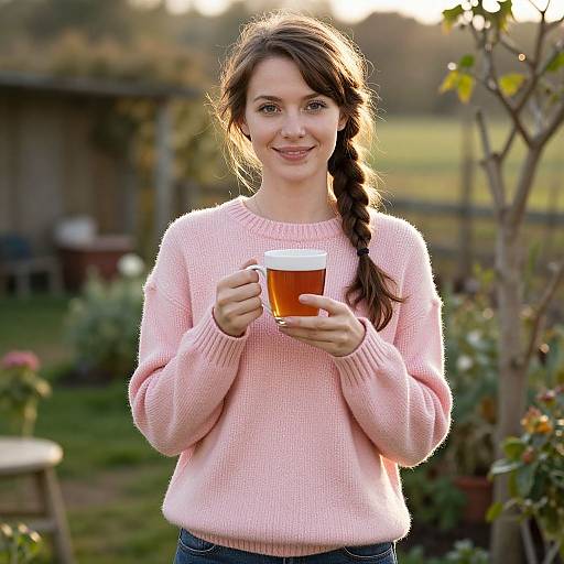 Photograph of a smiling woman with long brown hair in a braid, wearing a pink sweater, holding a beer mug outdoors at sunset.