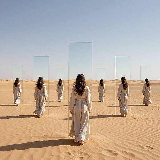 Photograph of eight women in white dresses walking through a desert, each followed by a transparent rectangular frame under a clear blue sky.