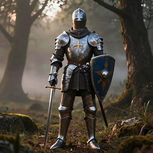 Photorealistic digital image of a medieval knight in shiny silver armor, holding a sword and shield with a gold star, standing in a misty forest