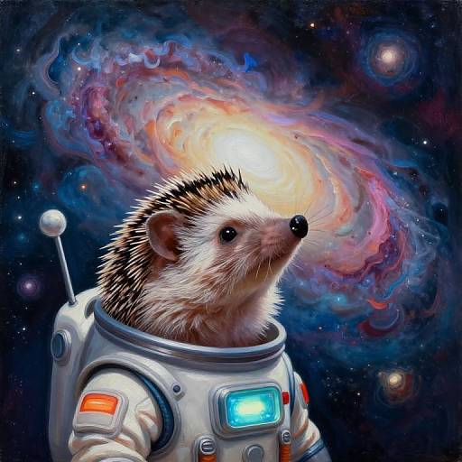 Digital painting of a hedgehog in a white astronaut suit, with a colorful spiral galaxy and stars in the background.