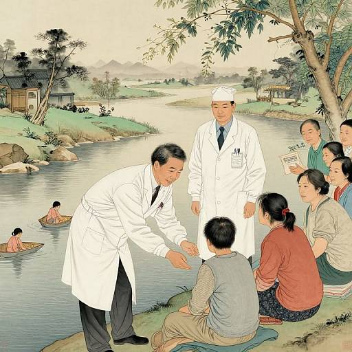 Traditional Asian watercolor painting of a village scene: two male doctors in white coats vaccinating children by a river, surrounded by villagers and people in small