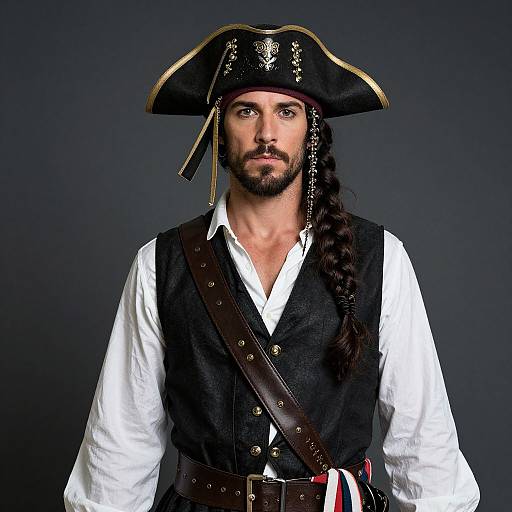 Photograph of a bearded man in a black pirate hat, white shirt, black vest, and brown belt, with long braided hair, against