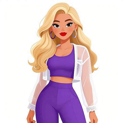 Digital illustration of a blonde woman with long hair, wearing a purple crop top and matching high-waisted pants, white sheer sleeves, large hoop earrings