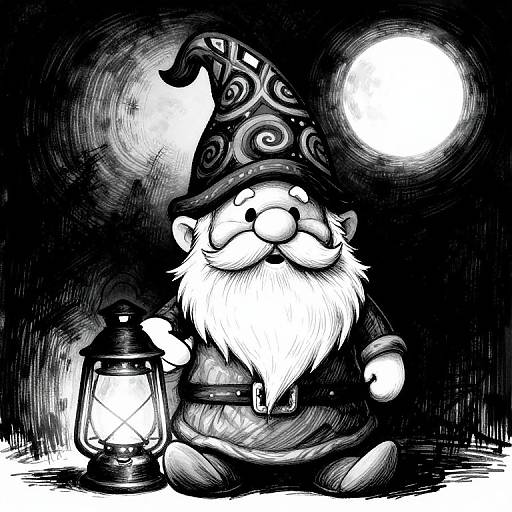 Black-and-white illustration of a whimsical, bearded gnome with a swirling hat, holding a lantern, under a glowing full moon.