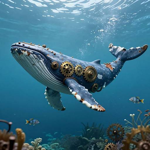 Photograph of a steampunk-style blue whale with brass gears and a fish, swimming underwater amidst coral reefs and small fish.